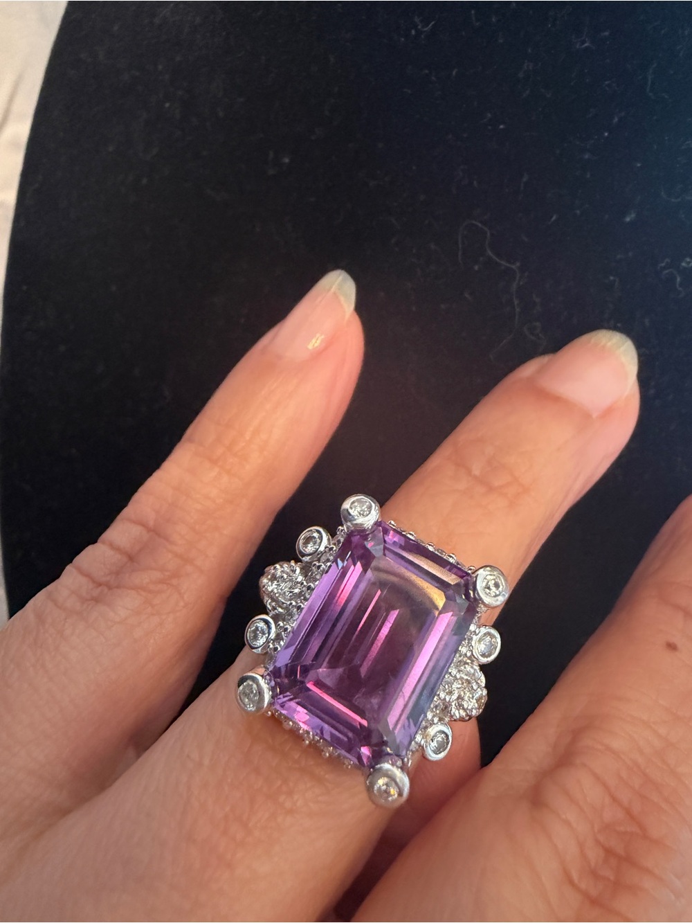 Judith Ripka Sterling Silver Emerald-Cut Amethyst & Diamonique Ring Size 7